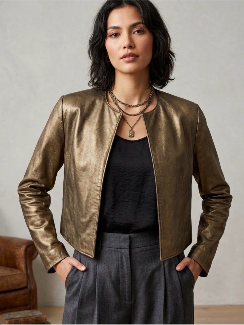 Batya Metallic Gold Collarless Women’s 100% Leather Jacket